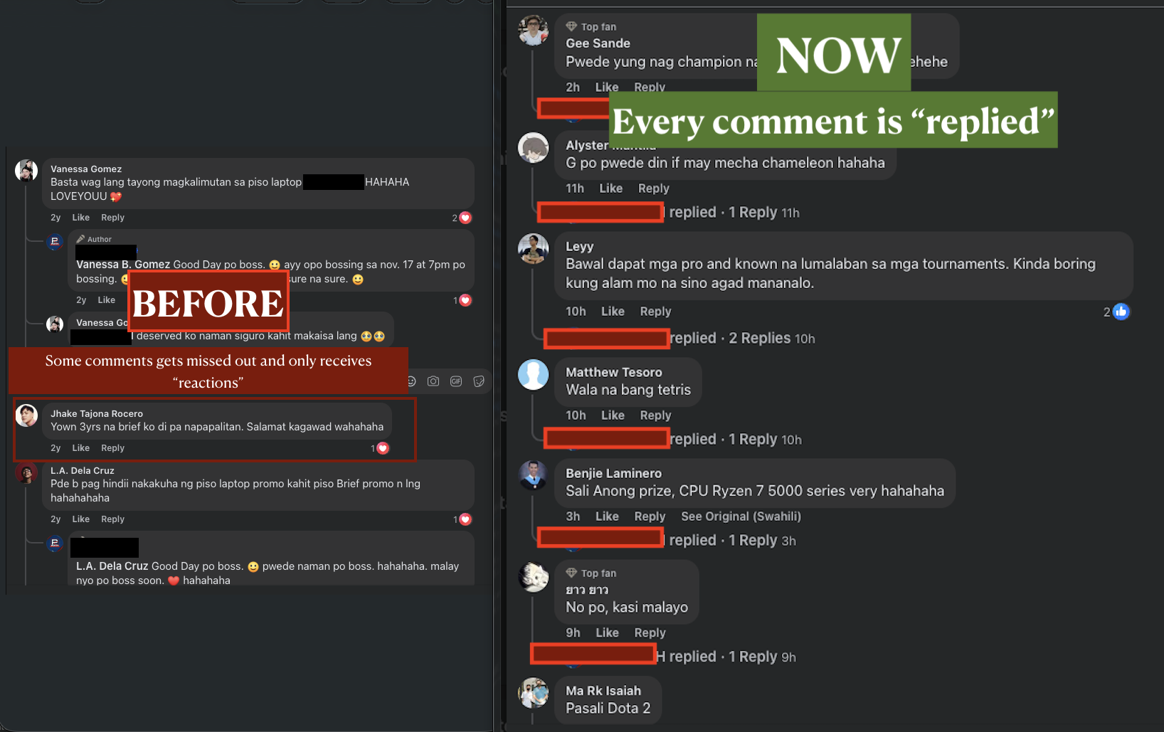 Before and after Facebook comment automation process