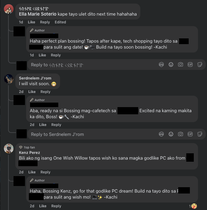 Sanitized Facebook comment and automated reply example
