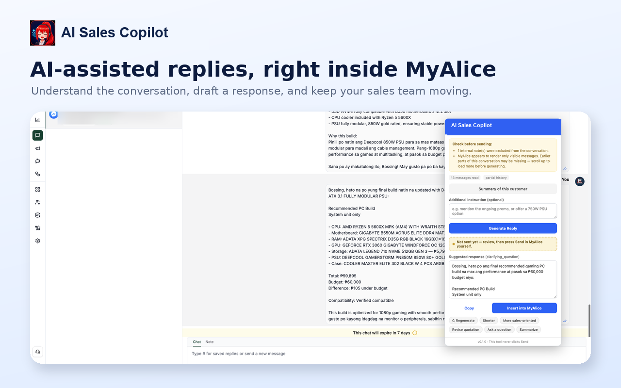 Anonymized AI Sales Copilot open inside a customer conversation inbox