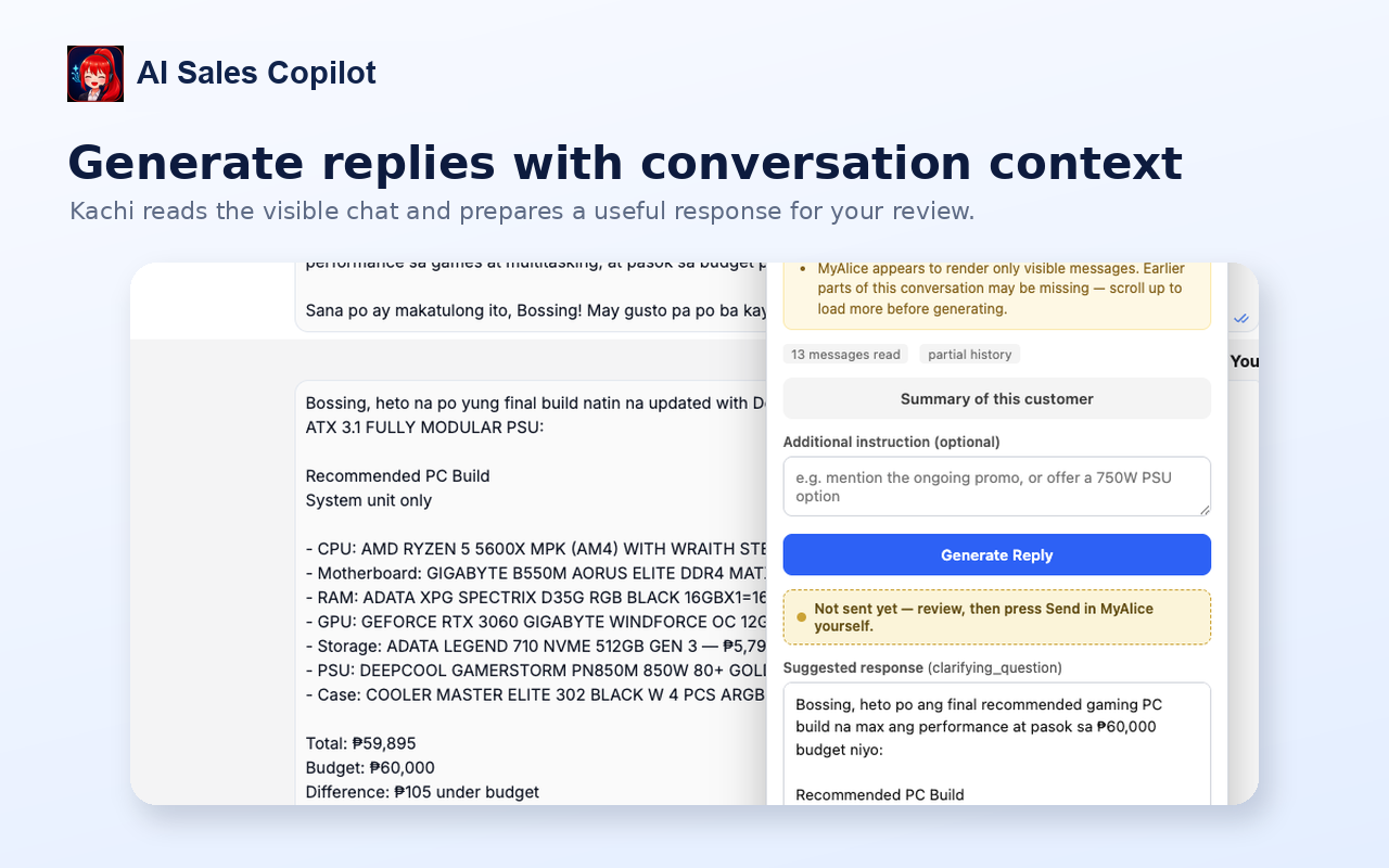 AI sales copilot using visible conversation context to prepare a quotation reply