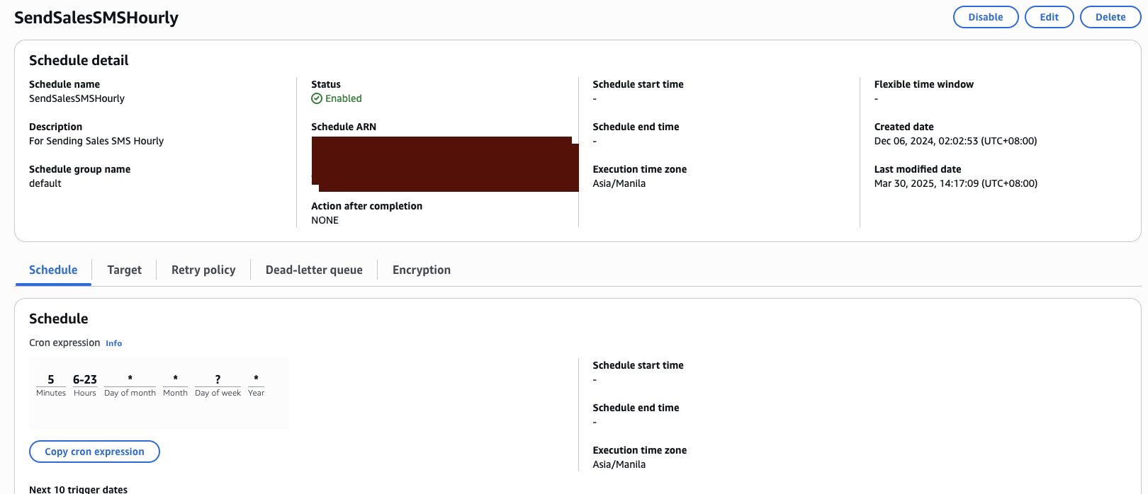 AWS Scheduler trigger configured to run the automated SMS sales report