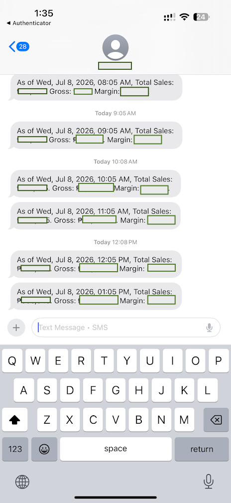 Sanitized SMS sales report example with sales, gross, and margin values hidden