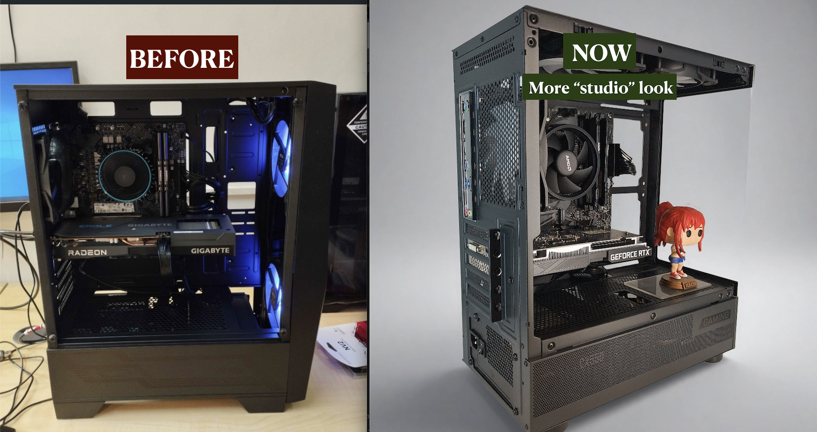 Before and after example of an AI-generated polished PC setup image