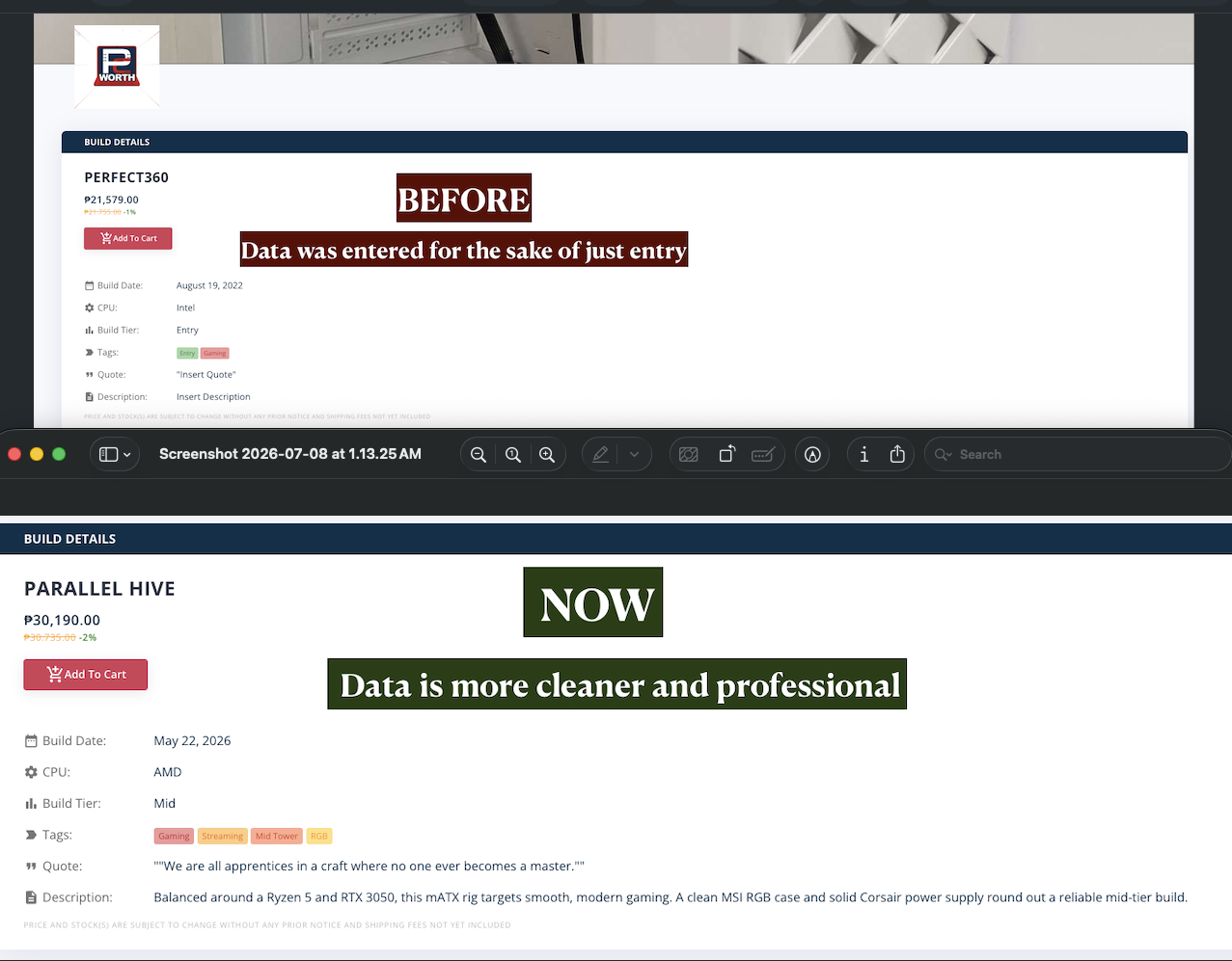 Before and after PC build gallery entry showing cleaner metadata and description
